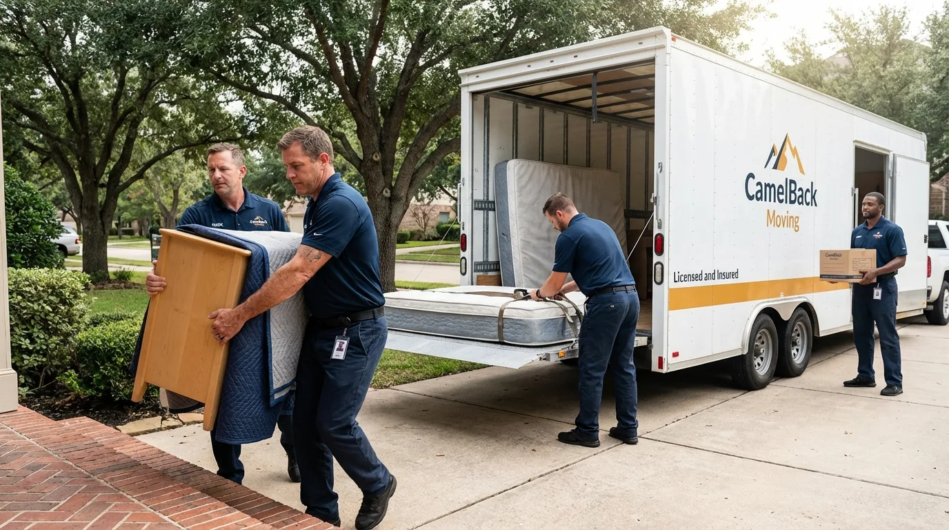 Crew loading residential truck for cross-state move from Cascade, ID