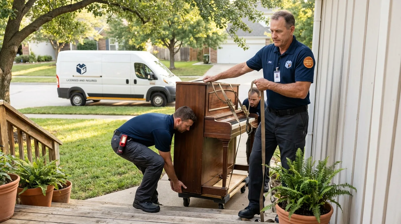 Licensed piano movers securing grand piano in Cascade, ID