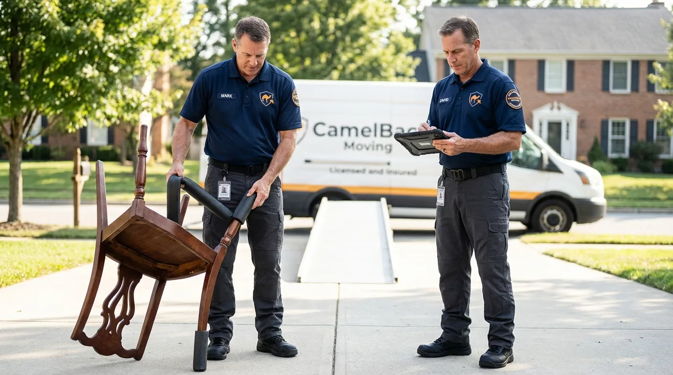 Movers inspecting furniture for damage prevention before loading in Cascade, ID