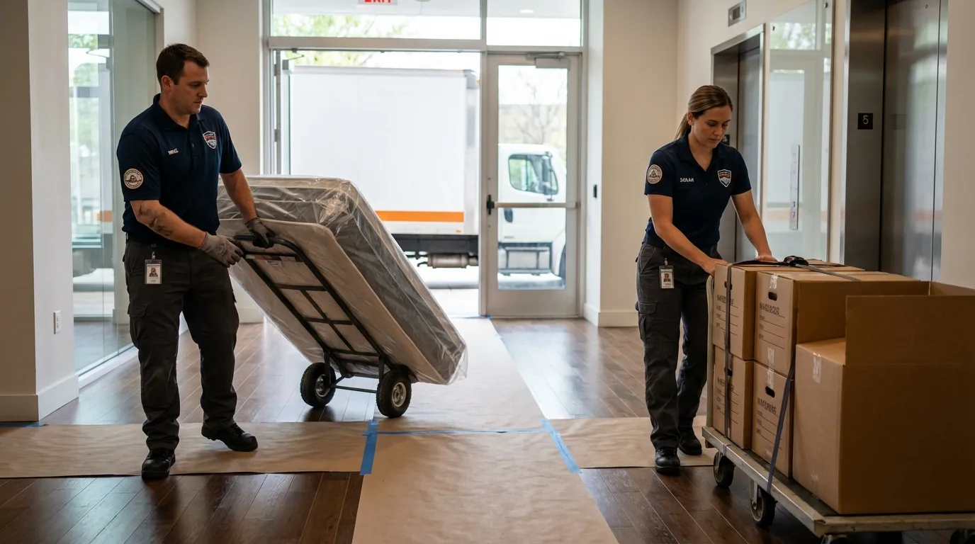 Professional apartment movers loading elevator in Cascade, ID