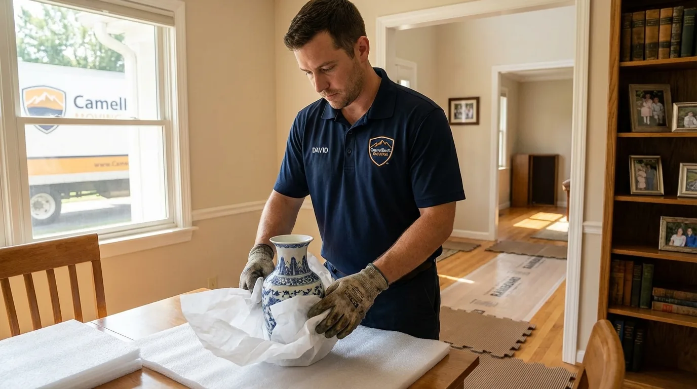 Professional crew carefully wrapping antique vase for senior downsizing move in Cascade, ID